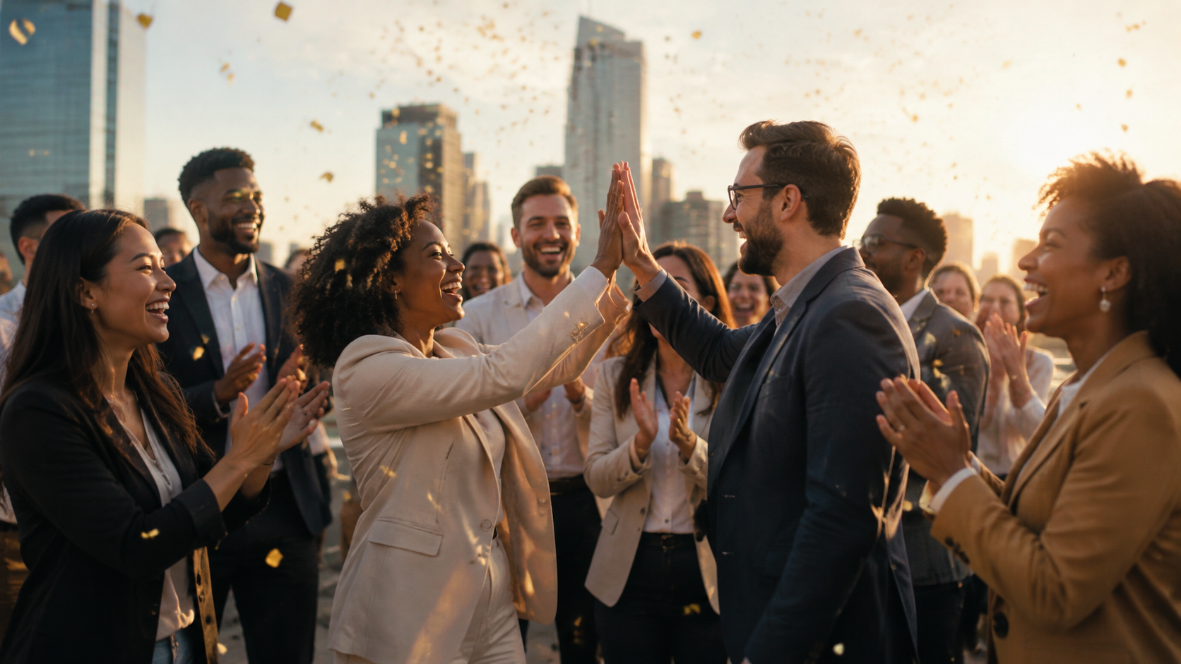 People celebrating success and community connections through shared insights